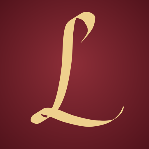 The Linester icon: a gold quill-written L on theatre red